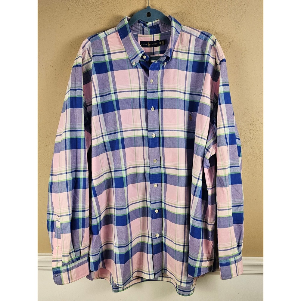 Ralph Lauren Mens Pink Blue Purple Plaid Long Sleeve Button Down Shirt 2XB